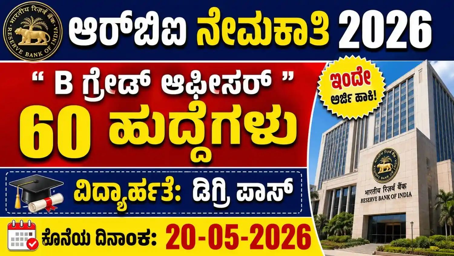RBI Grade B Recruitment 2026 – 60 ಹುದ್ದೆಗಳು, Degree ಅರ್ಹತೆ, ಕೊನೆಯ ದಿನಾಂಕ ಮಾಹಿತಿ